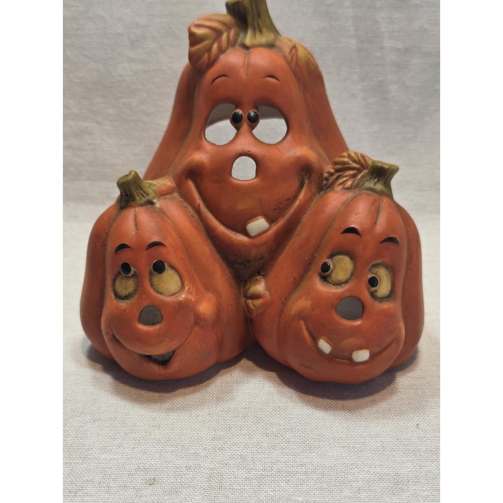 Vintage Halloween Ceramic Stacked Pumpkin Trio Tea Light Holder Jack-O-Lantern